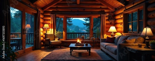 Cozy cabin interior at night, warm lamplight illuminating comfortable furniture and rustic decor, creating a tranquil atmosphere perfect for relaxation , escape, atmosphere
