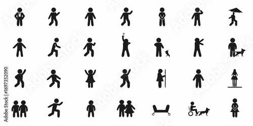 Collection of diverse black stick figure icons representing people in various poses and activities