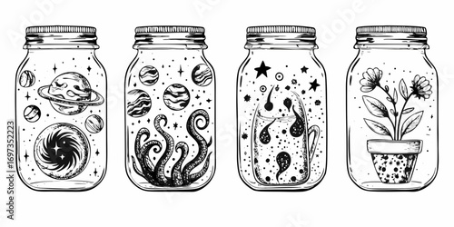 Four hand drawn jars containing cosmic planets tentacles stars and a potted plant
