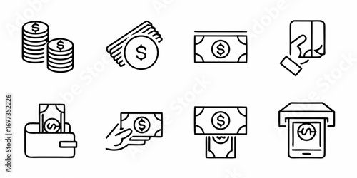 Collection of simple line art icons representing various financial transactions and currency symbols