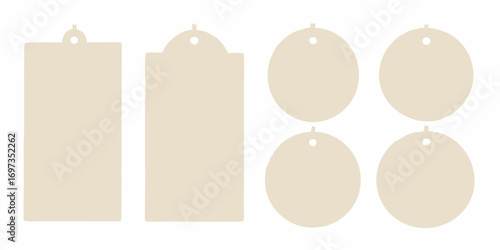 Collection of blank beige gift tags and labels in various shapes and sizes on a white background