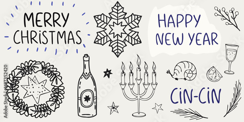 Hand drawn festive elements for merry christmas and happy new year celebrations with champagne and candles