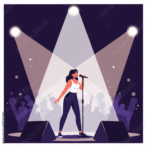 A vibrant 2D flat vector illustration shows a dynamic female singer performing on stage, illuminated by a bright spotlight, against simplified concert lights with clean outlines.
