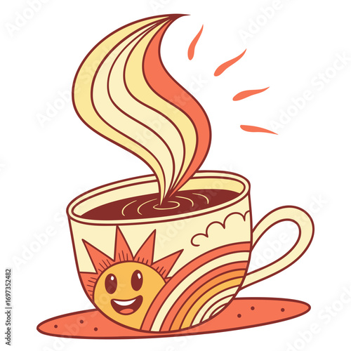 Illustration of a smiling coffee cup with steam and a smiling sun