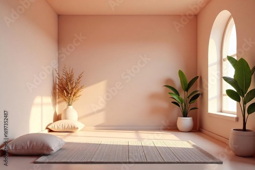 Serene meditation space with soft lighting, cushions, and calming decor; perfect for mindfulness and relaxation , design, home decor