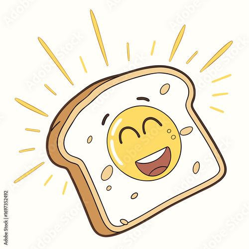 Vector art of cheerful toast with a fried egg, a whimsical breakfast cartoon illustration