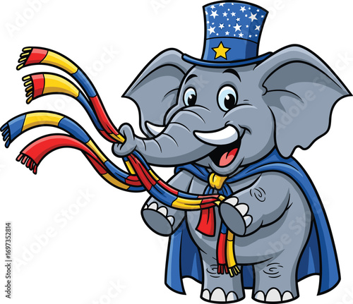 Happy cartoon elephant wearing a star hat and colorful scarf