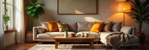 Cozy living room decorated with warm lighting, plush cushions, and textured throws on a comfortable sofa, creating a relaxing atmosphere , contemporary, texture, cozy