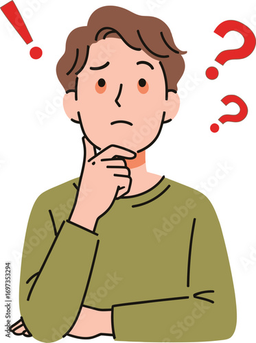 Man thoughtfully pondering a difficult question with a confused expression and surrounding thought bubbles.