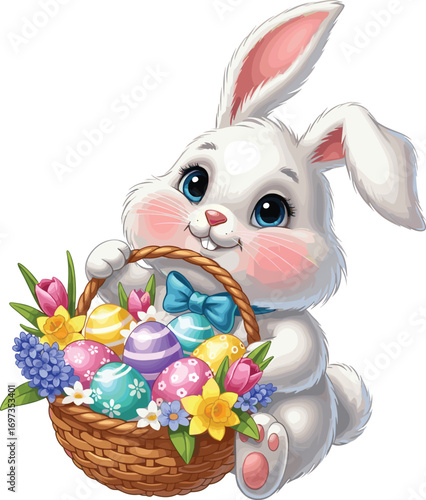 Adorable easter bunny holding a basket full of colorful eggs and flowers