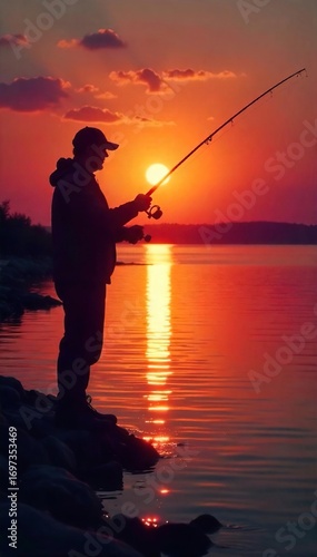 Silhouetted fishing rod poised against a vibrant sunrise, casting a long shadow on tranquil water  Perfect for fishing, nature, and outdoor themes ,  hobby,  wilderness,  shadow