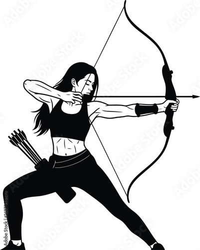 Focused female archer drawing bow, aiming with determination and strength