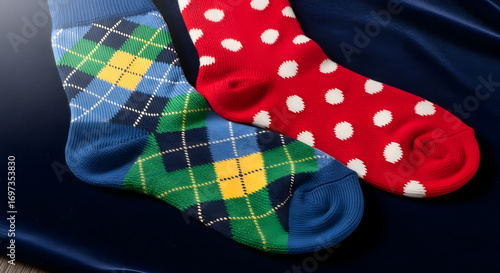 Two colorful socks, one argyle, one polka dot, rest atop a smooth, dark blue fabric