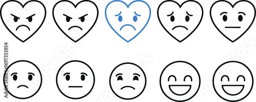Collection of simple line art icons representing diverse emotions like anger, sadness, and happiness.