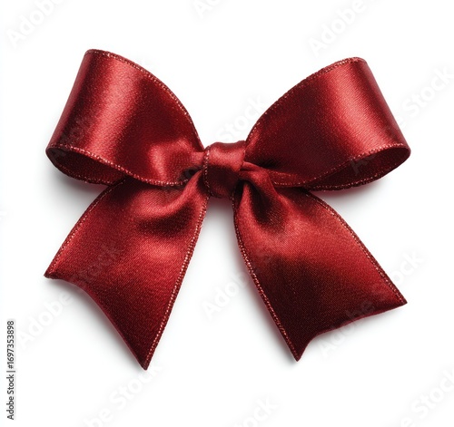 Maroon satin bow with central knot, casting a subtle shadow on a bright white background