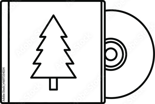 Simple line art of a CD with a festive Christmas tree on the cover