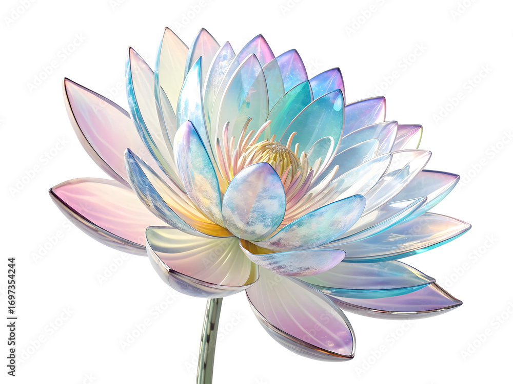 Naklejka premium Holographic Glass Lotus Flower Pastel Rainbow Colors Iridescent Petals Floral Design Element isolated on a transparent background