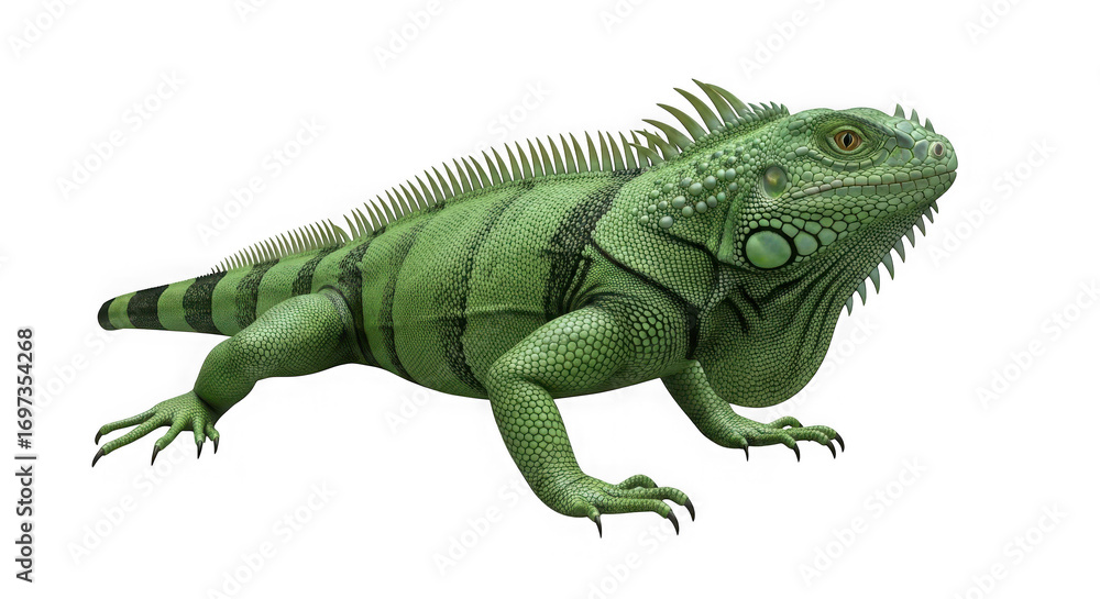 Obraz premium Vibrant green iguana portrait with detailed scales majestic reptile pose captured in studio lighting transparent background