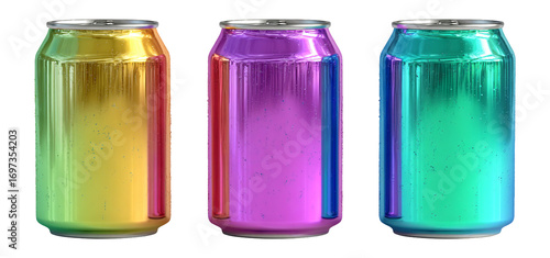 Colorful Aluminum Cans in Vibrant Rainbow Hues on White Background