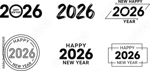Set of diverse typography designs celebrating the upcoming New Year 2026 with festive greetings.