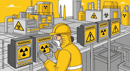 Nuclear facility worker inspecting radiation warning signs in hazardous environment area