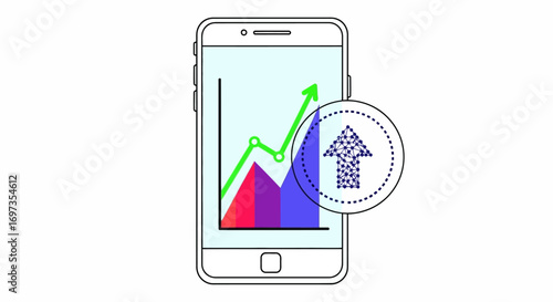 Smartphone displaying a financial graph with an upward trend and growth symbol.