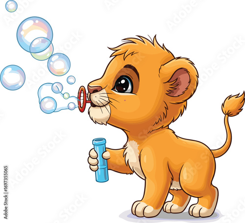 Adorable cartoon lion cub blowing bubbles with a toy