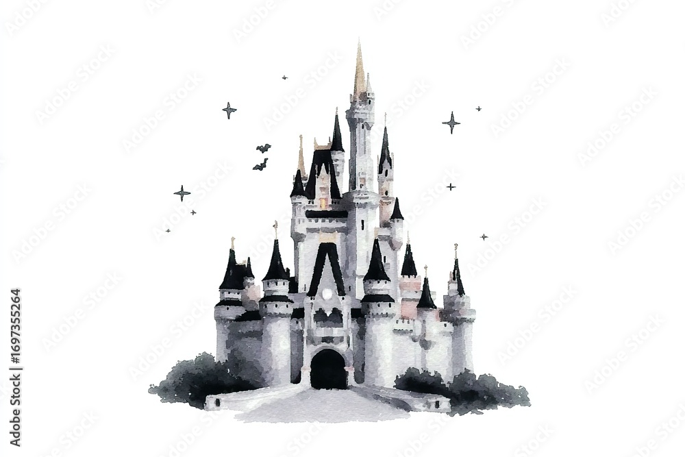 Obraz premium Watercolor illustration of a fairytale castle with stars and flying birds