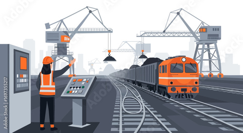 Illustration of a female engineer in a port controlling coal loading operation with cranes and train