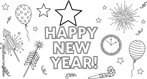 Festive New Year's Eve celebration elements for a coloring activity