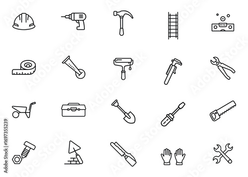 Construction Tools outline Icons Set – Hammer, Wrench, Drill, Toolbox, Helmet, Saw, Measuring Tape, Screwdriver, Pliers, Ladder, and More Vector Design