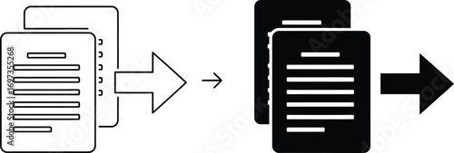 Transforming documents from simple outlines to detailed black and white representations, symbolizing data processing.