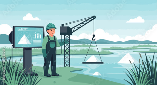 Illustration of salt harvesting process with a worker overseeing data on a monitor screen near