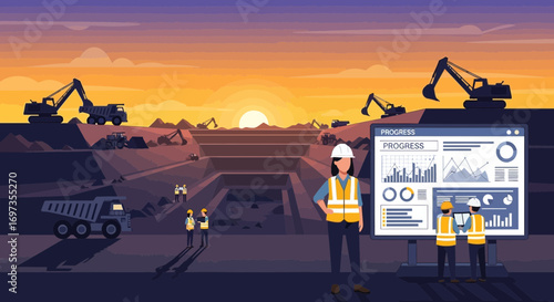 Illustration of mining operation progress and engineers overseeing the project during sunset