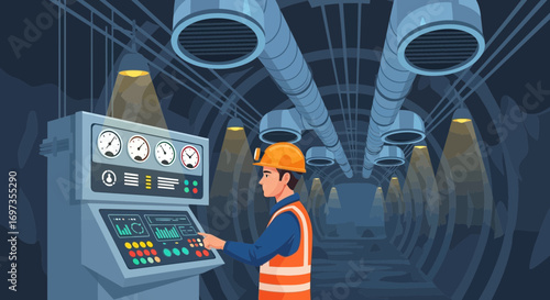 Illustration showcasing a mining worker controlling machinery inside a tunnel system underground