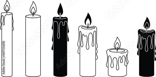 Set of burning candles with dripping wax in black and white
