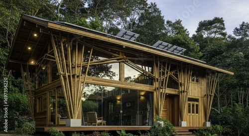 Sustainable Bamboo House with Solar Panels Amidst Lush Tropical Nature