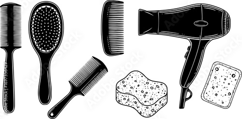 Set of personal hygiene Combs and hair dryer sponge Beauty aesthetics vector
