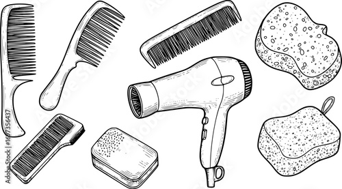 Set of personal hygiene Combs and hair dryer sponge Beauty aesthetics vector
