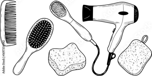 Set of personal hygiene Combs and hair dryer sponge Beauty aesthetics vector
