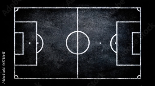 Chalk-drawn soccer field on a chalkboard with bright field lines and black background