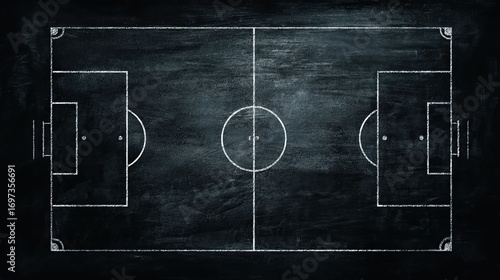 Aerial view of a soccer field diagram drawn with chalk on dark background