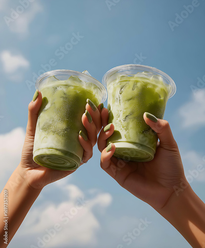 Matcha Green Tea Iced Drink Cheers in Clear Plastic Glasses Under Blue Sky in Summer