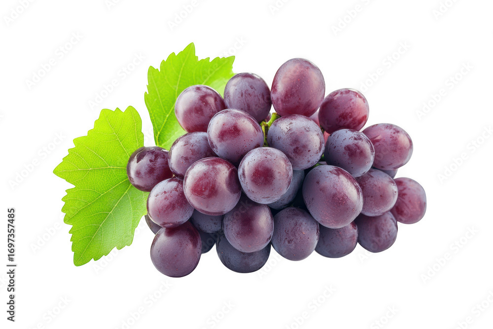 Fototapeta premium Stock photo: fresh red grapes with green leaf, fruit, food, healthy, sweet, delicious, vine, bunch, isolated on transparent background