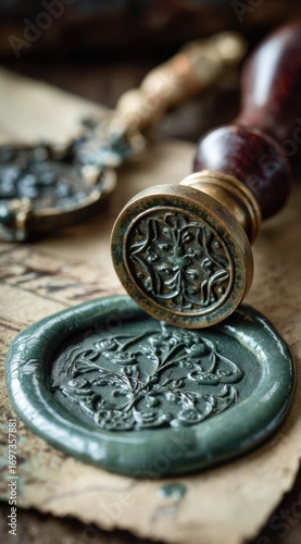 Wallpaper Mural A detailed shot of a wax seal stamp and its impression, on a parchment surface with aged, antique aesthetic Torontodigital.ca