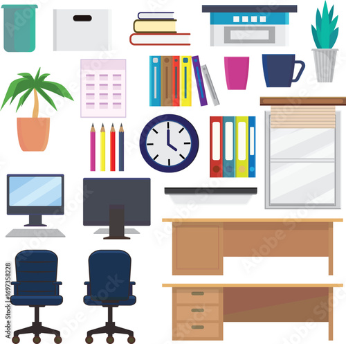 Office supplies and furniture vector illustration used for design and illustration decoration