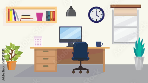 Vector illustration of interior of home office space, modern business workspace.