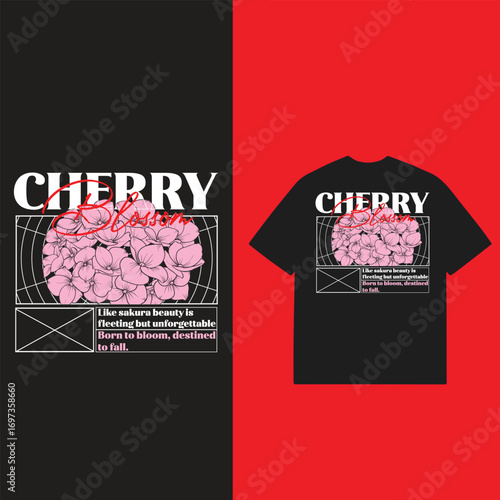Stylish graphic streetwear tee design featuring a stylized cherry blossom motif in a modern aesthetic.