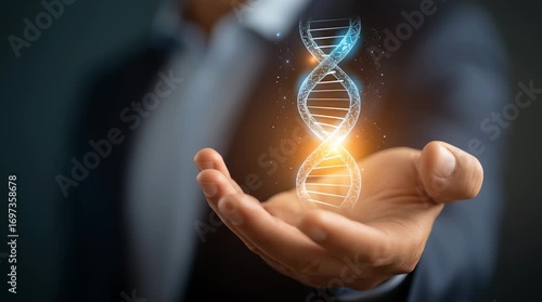 Digital DNA strand floating above hand symbolizes evolution innovation science technology workplace progress glowing light effect enhancing digital