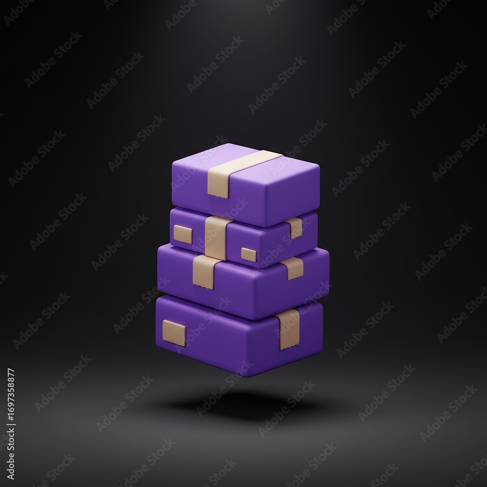 Fototapeta premium A pile of sealed purple shipping boxes, 3D rendered as a modern logistics icon. Symbolizing delivery, e-commerce orders, and supply chain management.